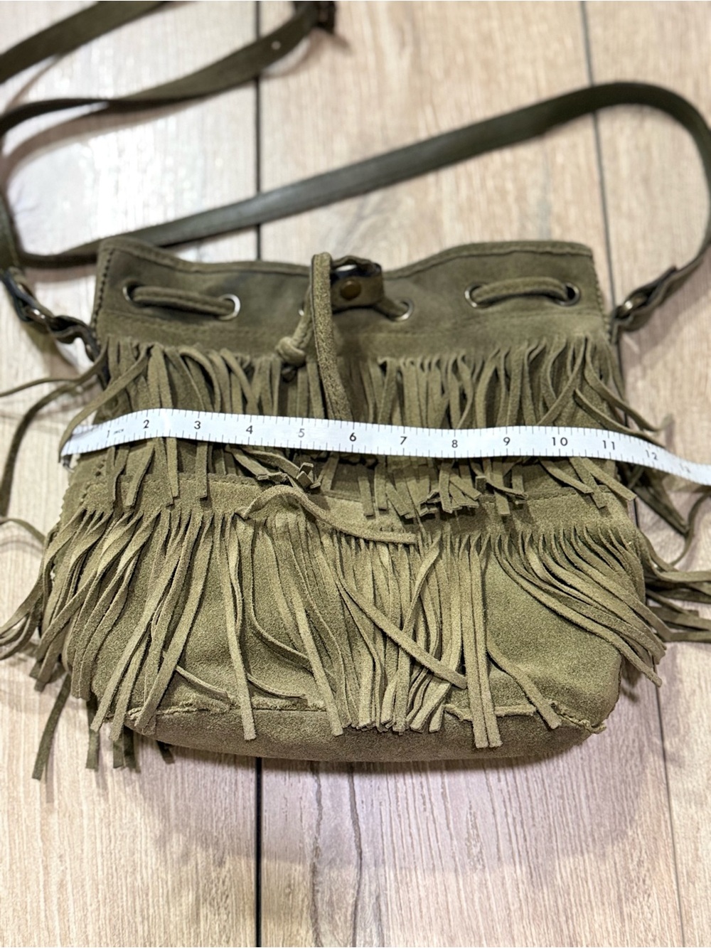 Patricia Nash Crossbody Boho Suede Fringe Bucket Bag Olive Green - Picture 14 of 16